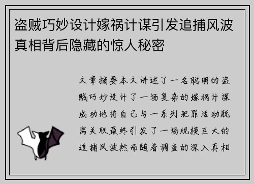 盗贼巧妙设计嫁祸计谋引发追捕风波真相背后隐藏的惊人秘密